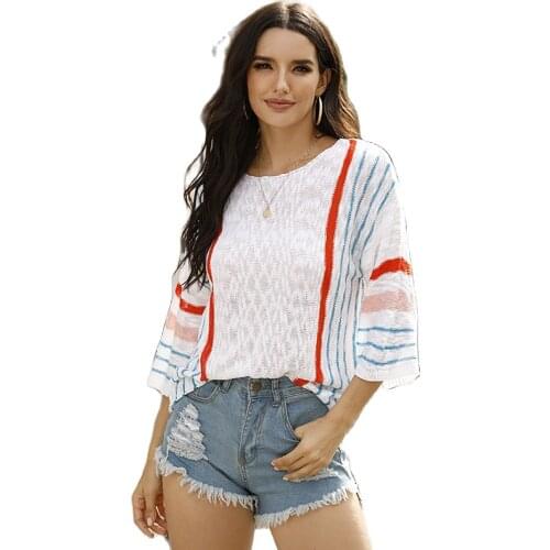 European and American autumn new products womens trumpet sleeve sweater fashion vertical stripes color matching sweater