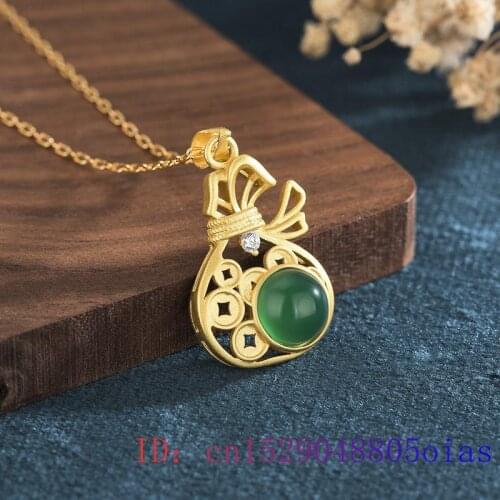 Jade Blessing bag Pendant Natural Amulet 925 Silver Fashion Women Jewelry Charm Chalcedony Gifts Crystal Zircon Necklace