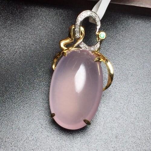 Fine Jewelry Collection Real 18K Rose Gold 100% Natural Rose Quartz Gemstone Pendant Necklace