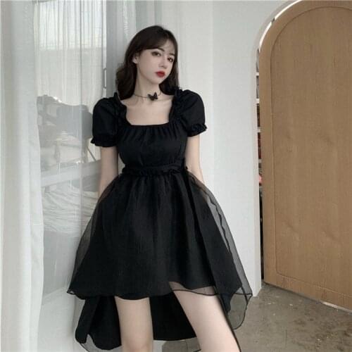 Korean Summer Harajuku Diablo Women Dress Square Collar Vintage Puff Sleeve Irregular Dress A-Line Lace Splice Black Bud Dress