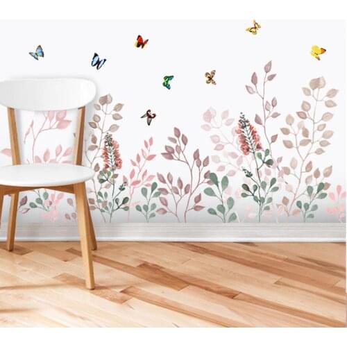 Colorful Plant Leaves Flowers Butterfly Wall Stickers Home Decoration Wall Graphic Poster Art Skirting Line Wall Mural Decals