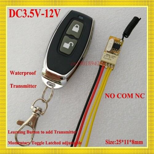 Micro Remote Control Switch DC3.7V 5V 6V 7.4V 9V 12V Relay Receiver COM NC NO RX Wide Voltage Range Learning Code M T L