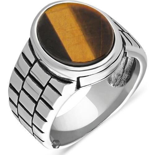 Solid 925 Sterling Silver Tigers Eye Stone Watch Cord Mens Ring