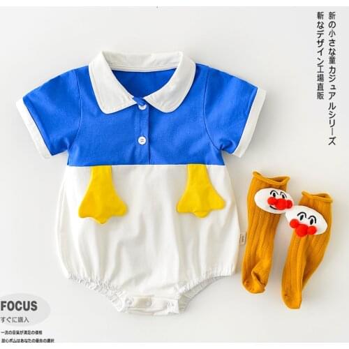 2021 Summer New Baby Boys And Girls Navy Style Lapel Duckling Feet Cool Short Sleeve Bag Clothes Toddler Romper