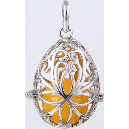 New Copper Metal Natural Stone Yellow Bead Hollow Carved Round Ball Egg Wish Bottle Locket Necklace Pendant Women Bijoux Jewelry