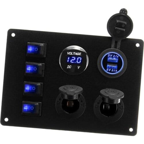 Car Marine Switch Panel, Boat Rocker Switch Panel, 4 Gang with Voltmeter/5V 2.1A 2-Charger/Cigarette Lighter