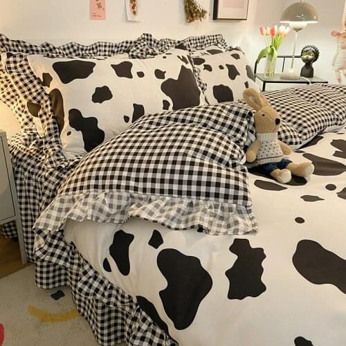 Washed Cotton Bed Sheet Duvet Cover Duvet Cover Four-Piece Set Bed Skirt Cow Summer Bare Sleeping Student Dormitory Be
