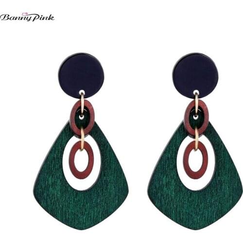 Banny Pink Bohemia Geometric Wood Stud Earrings For Women Chic Resin Round Oval Wooden Statement Earrings Pendant Post Earrings