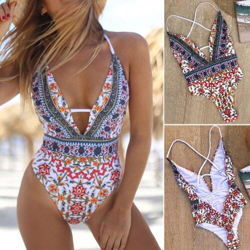 Sexy Womens Floral Print Backless Beachwear One Piece Swimsuit Push Up Padded Bikini Monokini Swimwear