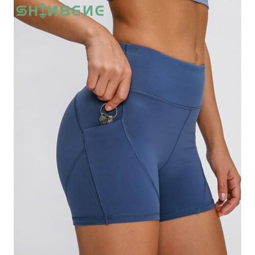 SHINBENE Anti-sweat Plain Sport Athletic Shorts Women High Waisted Soft Cotton Feel Fitness Yoga Shorts with Two Side Pocket
