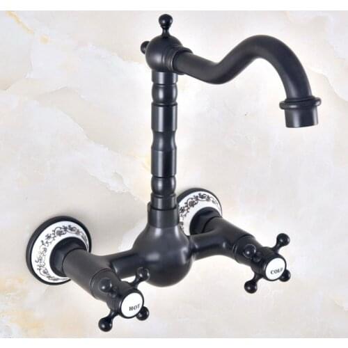 Black Oil Rubbed Antique Brass Bathroom Kitchen Sink Basin Faucet Mixer Tap Swivel Spout Wall Mounted Dual Cross Handles mnf474