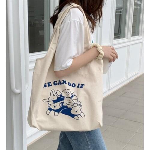 Simple Design Womens Canvas Vest Bag Female Large Capacity Shopper Shoulder Bag Cute Cartoon Student Girls Casual Tote Handbags