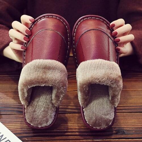 Leather slippers for women Genuine Leather memory foam Waterproof Non-slip winter fur slipper family home shoes high quality