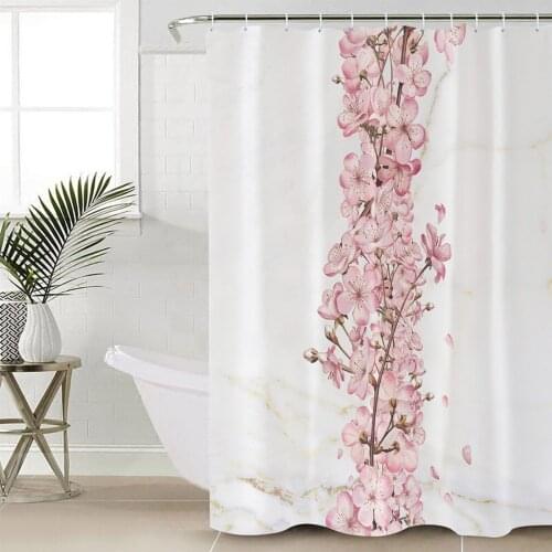 Cherry Blossom Marble Texture Shower Curtain Bathroom Decorative Waterproof Polyester Fabric Curtain for Bathroom