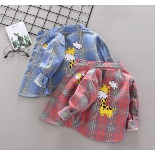 0-5 Years Spring Autumn Baby Boys Girls Clothing Children Kids Cartoon Fawn Plaid Shirt Cute Cotton Infant Coat Warm Outerwear