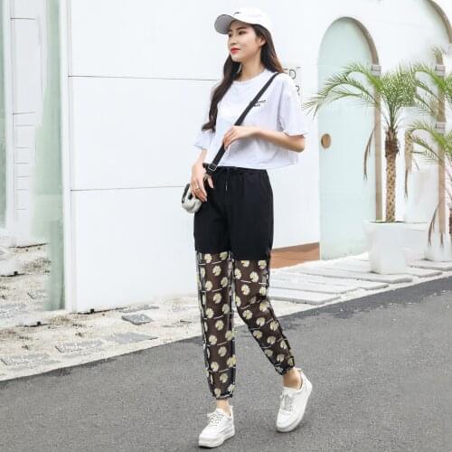 202 Mesh Pants Black Sweat Pants Women Summer Streetwear Joggers Casual Pants Women Summer Slim Cropped Pants Daisy Print Pants
