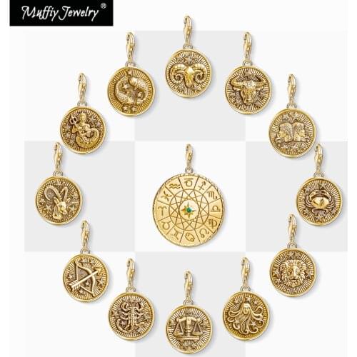 Star Sign Coin Gold Charm,Europe Zodiac Charm Good Jewelry For Women,2020 Gift New 925 Sterling Silver Fit Bag Bracelet Necklace