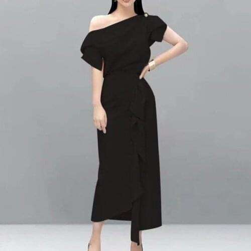 IVY HE Runway Style New Two Piece Set Womens Summer Suit Slash Neck Solid Color Tops & High Waist Ruffles Long Dress Sets Traf