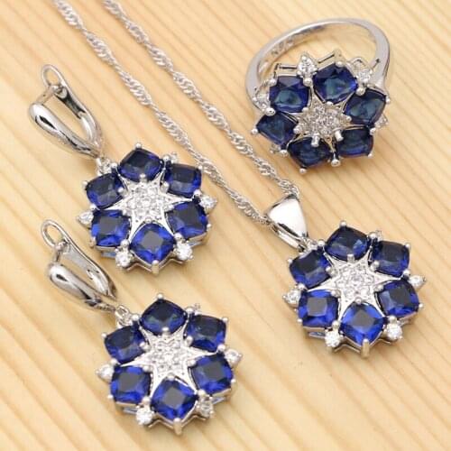 Silver 925 Jewelry Sets For Women Blue Cubic Zirconia White Crystal Pendant Necklace Ring Earrings Set