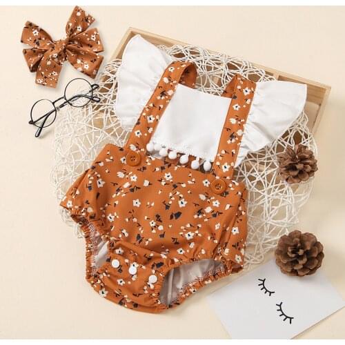 2021 Baby Summer Clothing Infant Two Piece Set Toddler Flower Patchwork Romper Top Flying Sleeves Bow Hair Band Kids Baby Girls