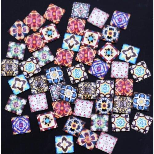 50PCS Mixed Square Glass Cameos Cabochons Mandala Flower Pattern 12x12mm DIY Embellishment Scrapbook Handbag Crafts Accessories