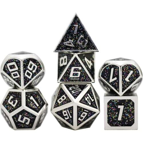 Glitter Effect 7pcs Polyhedral Metal Dice Set Italics Font with Black Drawstring Bag for Role Playing Game Table Boardgame