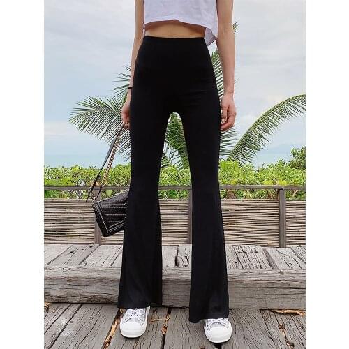 Black high-waisted high-elastic knit flared pants womens thin drape casual all-match legging trousers