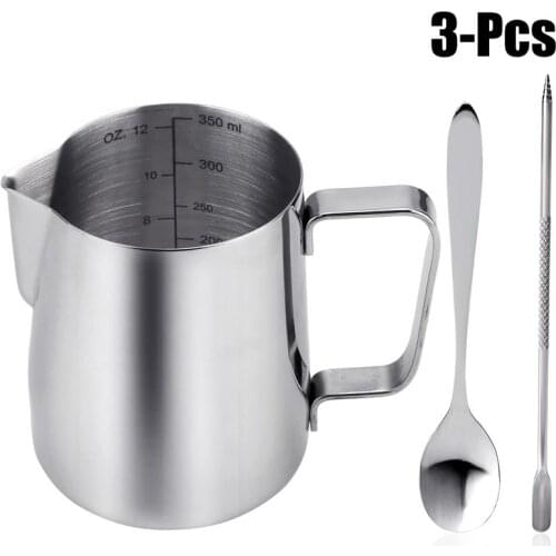 Milk Pitcher 12OZ Stainless Steel Frothing Cup Milk Frother Cup Milk Cup with Latte Art Pen and 5'' Mixing Spoon