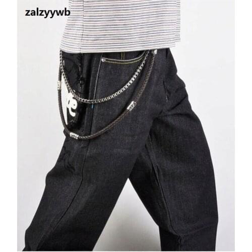 Hot Mens 2 Layers Box Chain & Pu Braided Chain Key Wallet Black Leather Fishbone Design Jeans Chain Hip Hop Accessory key ring