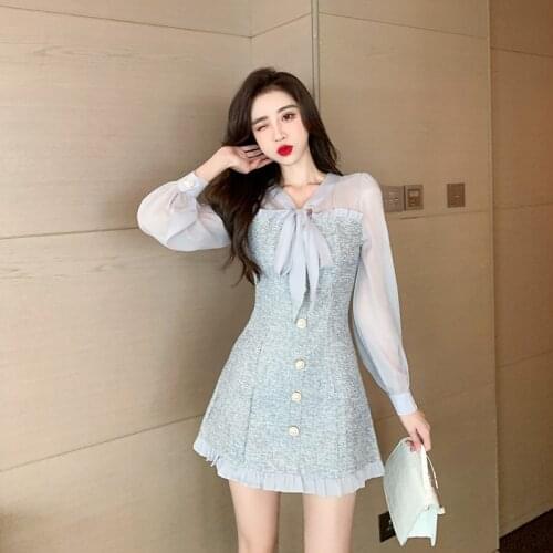 New Autumn Retro Perspective Chiffon Patchwork Tweed Mini Skirt Womens Bow Single-breasted Long-sleeved Party Dress