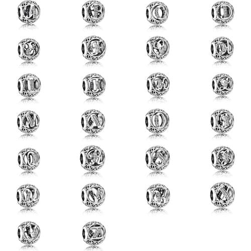 New Fashion Vintage Alphabet A-Z 26 Letter Silver Clear CZ Crystal Chinese Knot DIY Bead Charm Womens Fit Bracelet Jewelry