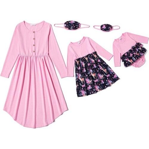 Family Matching Outfits Summer Pink Parent Child Clothing Mother Daughte Baby Kids Girls Womans Printing Long Skirt Home Clothes