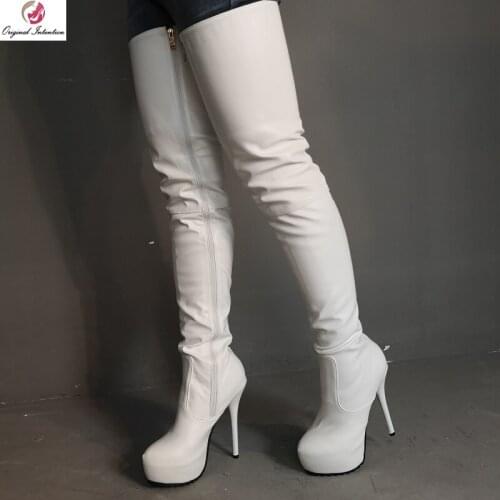 Original Intention Sexy Women Over Knee Boots Zipper Round Toe Platform Thin High Boots Sexy White Shoes Woman Plus Size 4-20
