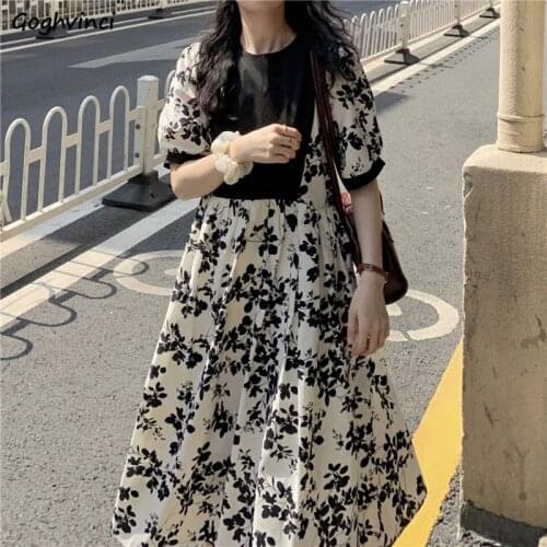 Dresses women summer floral puff sleeve kawaii mid-calf loose korean style girls streetwear fashion casual loose daily Vestidos