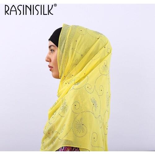 Hot Diamonds Womens Ethnic Hijab Scarf New Pearl Chiffon Female turban Muslim Head Scarf Solid Color Scarf 14 Colors 170x70cm