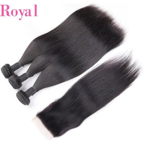 ROYAL 3/4Straight Hair Bundles With Closure Brazilian Hair Weave Bundles With Frontal 4*4 Remy Human Hair Bundles With Frontal