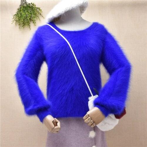 Pull female women hairy plush mink cashmere knitted long lantern sleeves slim blouses pullover angora fur winter jumper sweater