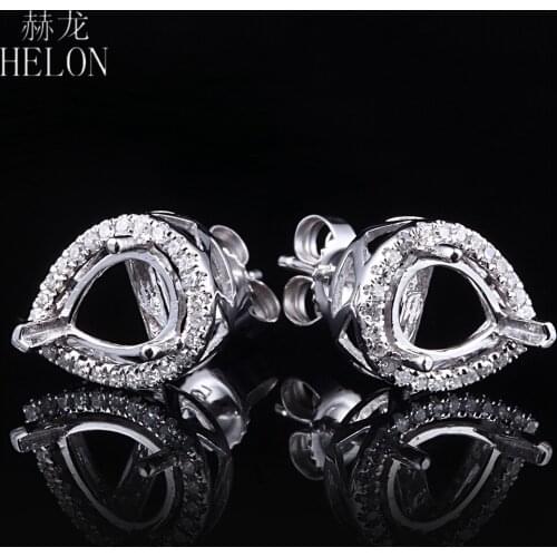 HELON 4.75x6.75mm-6.5x8.5mm Pear Cut Solid 14K White Gold Pave 0.2ct Natural Diamond Semi Mount Engagement Wedding Stud Earrings