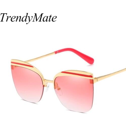 TrendyMate BRAND DESIGN Fashion Cat Eye Sunglasses Female Half Frame Sun GLasses For Women Metal Pink Eyewear 1517T