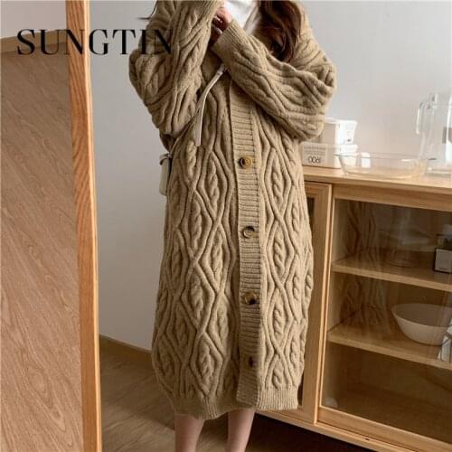 Sungtin Twist Cardigan Women Argyle Oversize Causal Long Thick Sweater Female Loose Long Sleeve Winter Knitted Cardigan V-neck