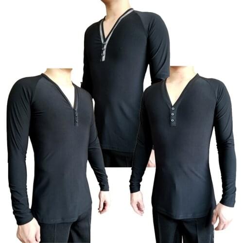 Latin Dance Top Men V Neck Long Sleeve Male Cha Cha Rumba Samba Tango Salsa Dancing Shirt Practice Performance Wear DNV12074