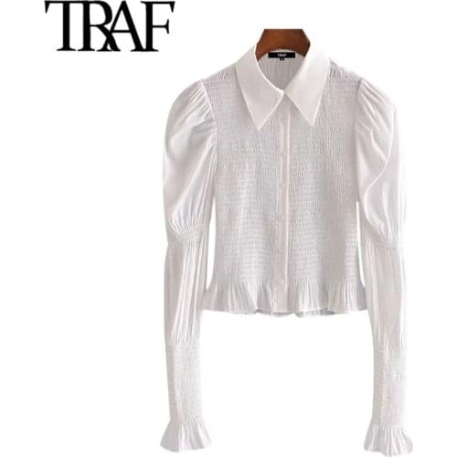 TRAF Women Fashion Smocked Elastic Fitted Blouses Vintage Puff Sleeve Button-up Female Shirts Blusas Chic Tops