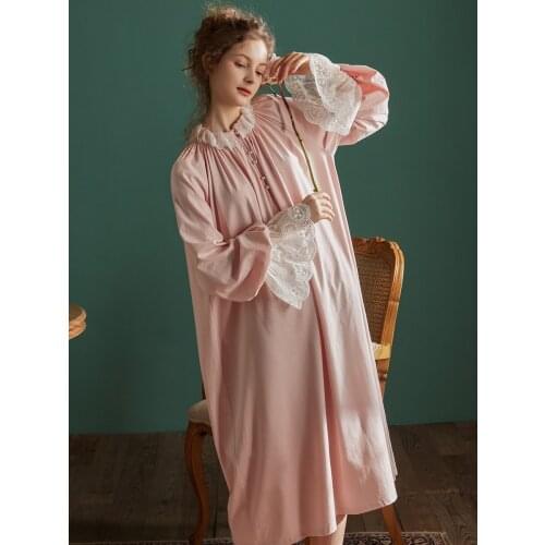 Hanxiuju Vintage Cotton Womens Long Nightgowns Spring Autumn Lace Long Sleeve Round Neck Princess Elegant Sleepwear Plus Size