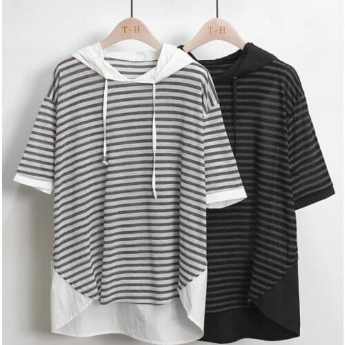 Hooded striped short-sleeved T-shirt women 2021 summer new casual hooded fresh and sweet thin half-sleeved top