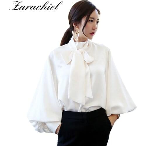 2021 Spring Summer Women Vintage Long Lantern Sleeve Big Bowknot Lace-up Loose Shirt Office Lady Solid Chiffon Blouse Top