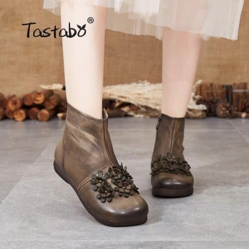 Tastabo Genuine Leather ladies ankle boots Martin boots everyday Womens boots Khaki Black S99608 Applique literary soft bottom