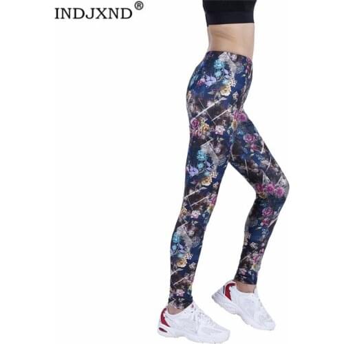 INDJXND Women Sport Leggings Gym Exercise High Waist Fitness Elasticity Running Athletic Trousers Push Up Colored Flowers Pants