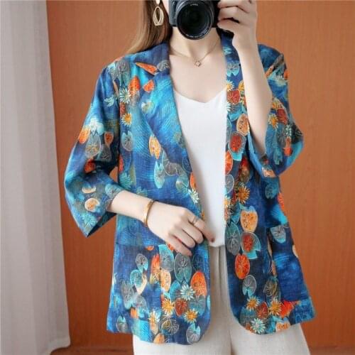 Oversized Three-Quarter Sleeves Blazers 2021 Summer Women Lotus Leaf Printed Blazer Casual Coat Top