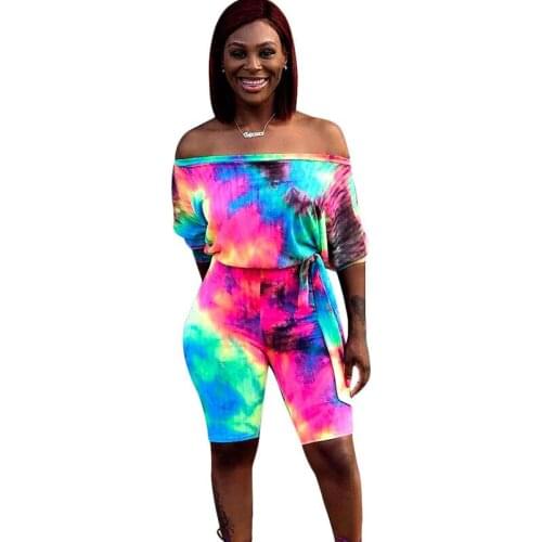 Tie Dye Print Summer Casual Jumpsuit Women Off Shoulder Slash Neck One Piece Romper Sexy Streetwear Beach Playsuit with Sleeve