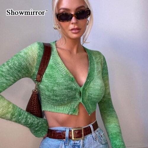 Showmorror Pink Tie Dye Y2K Cardigan Green Print Kawaii Clothes Button Up V Neck Slim Sweaters Women Long Sleeve Autumn Knitwear